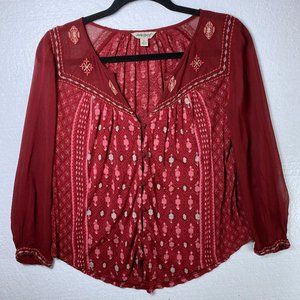 Lucky Brand S Red Embroidered Geometric Boho Top
